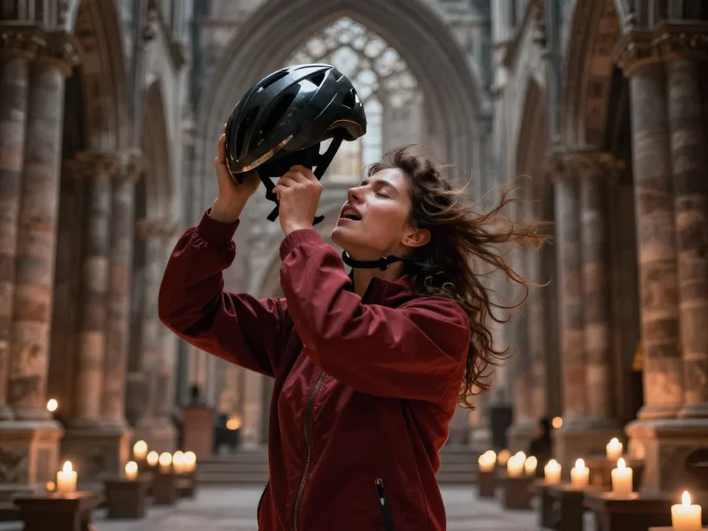a rider removing a helmet, flushed and windblown in a deep breath with eyes closed, in a candle-lit cathedral ruin, myth
