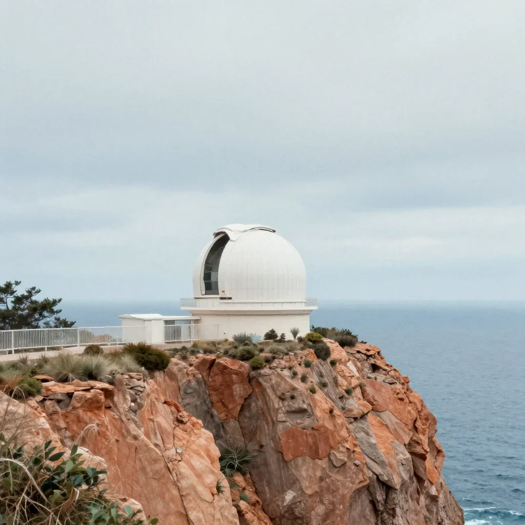 a cliffside observatory under overcast coastal light, contemporary botanical illustration, subtle film grain, terracotta