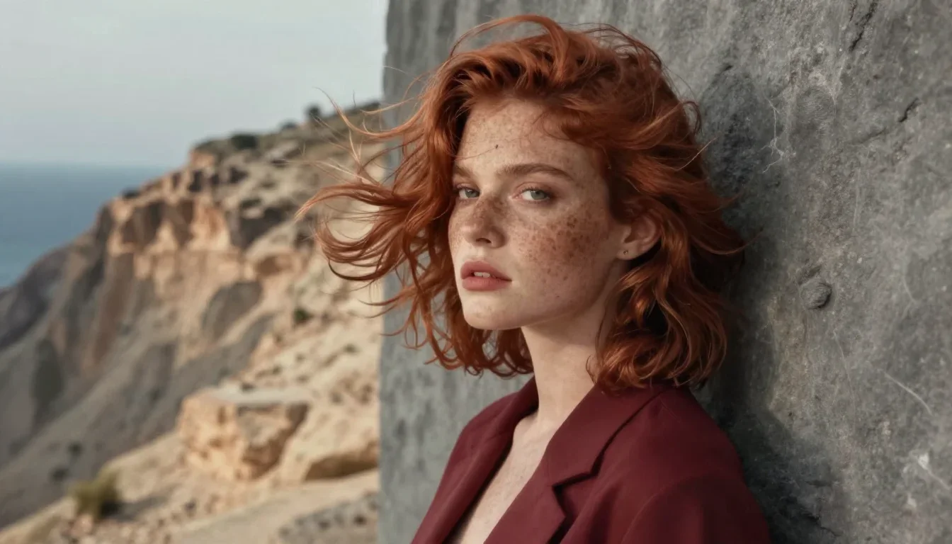 a muse with freckles and wind-tousled copper hair in a wind-swept lean against a wall, on a sun-drenched cliffside, soft