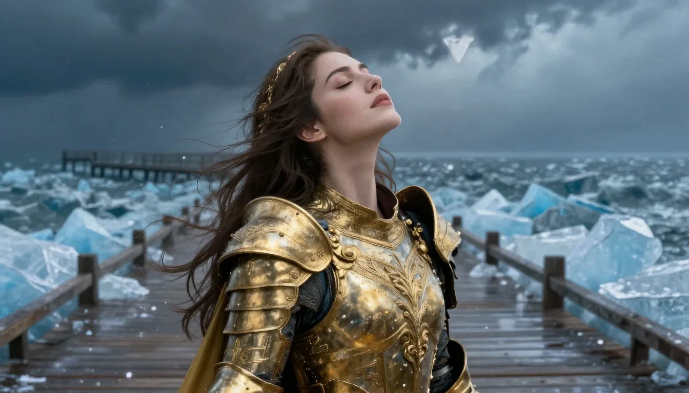 a warrior queen in ornate gilded armor in a deep breath with eyes closed, on a storm-washed boardwalk, editorial glamour