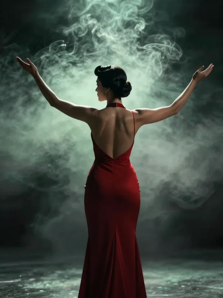 a femme fatale in a crimson backless gown in a bold, open-armed welcome, in a smoke-lit photo studio, National Geographi