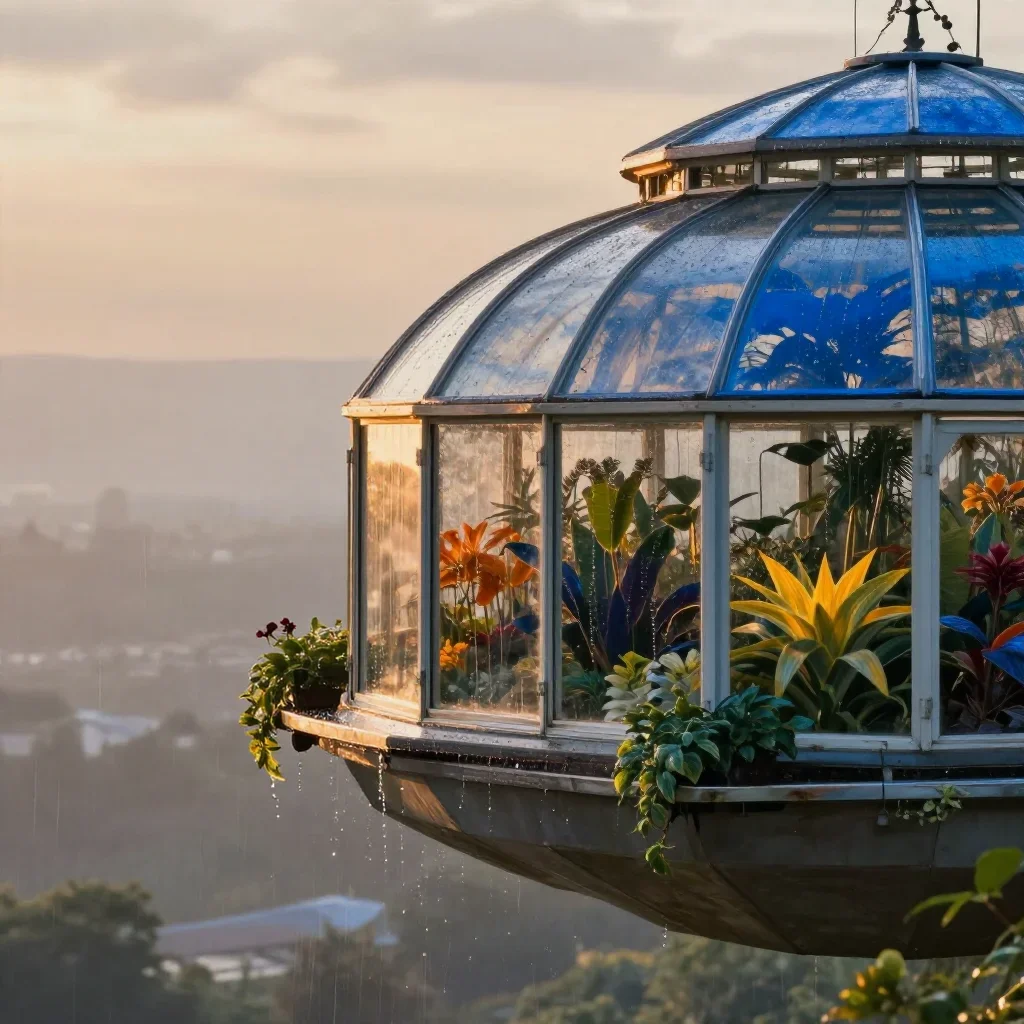a floating botanical conservatory after warm summer rain, high-end design magazine photography, calm negative space, cob