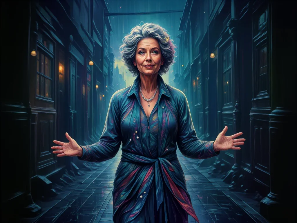 an elegant older stateswoman in a silk scarf in a bold, open-armed welcome, in a rain-slick neon alley, mythology-inspir