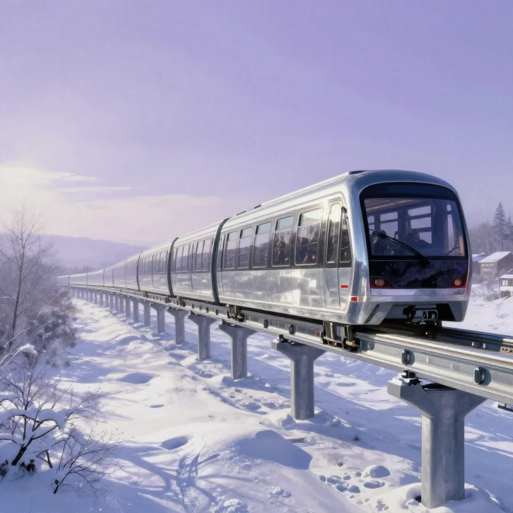 a glass monorail in crisp winter sunlight, Japanese woodblock-inspired editorial art, calm negative space, lavender and 