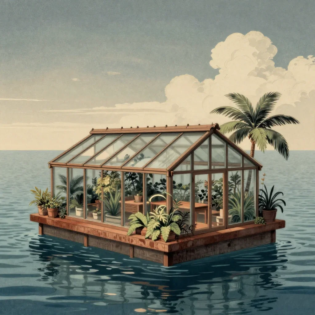 a floating botanical conservatory in a gentle sea breeze, Japanese woodblock-inspired editorial art, calm negative space