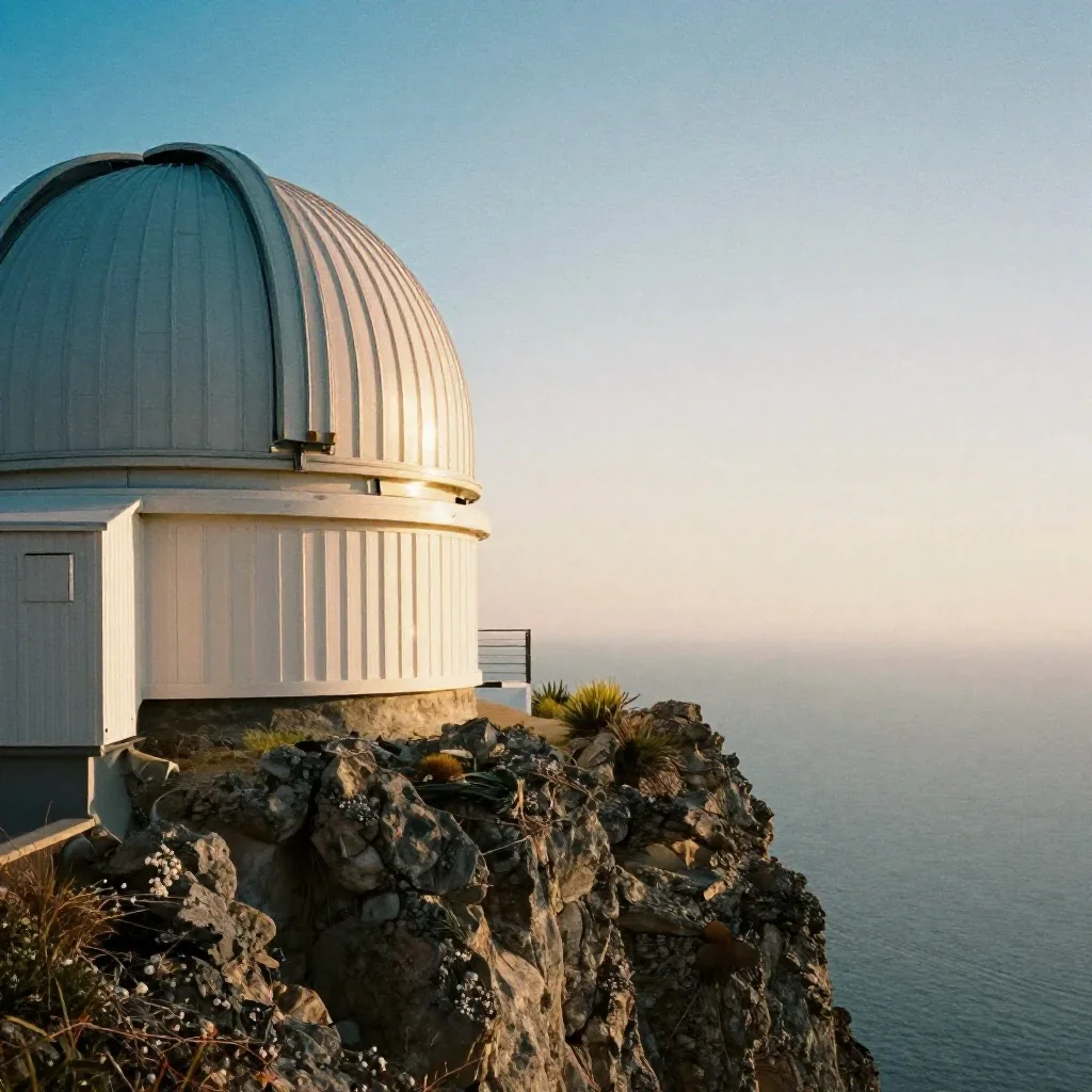 a cliffside observatory during golden hour, soft-grain analog film photography, gentle reflected light, indigo and pearl