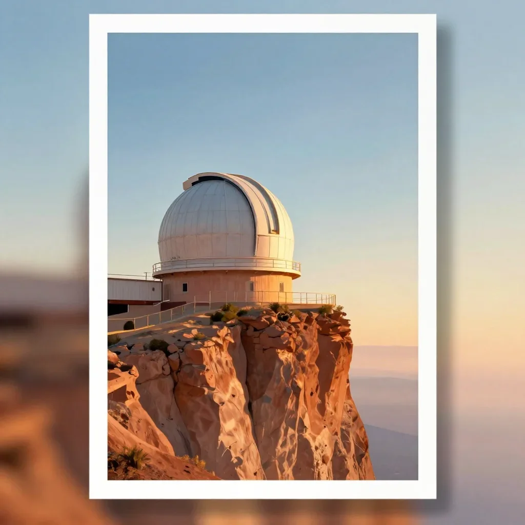 a cliffside observatory during golden hour, modernist poster illustration, soft volumetric light, terracotta and pale sky blue palette, no people, no text, no logo, no watermark