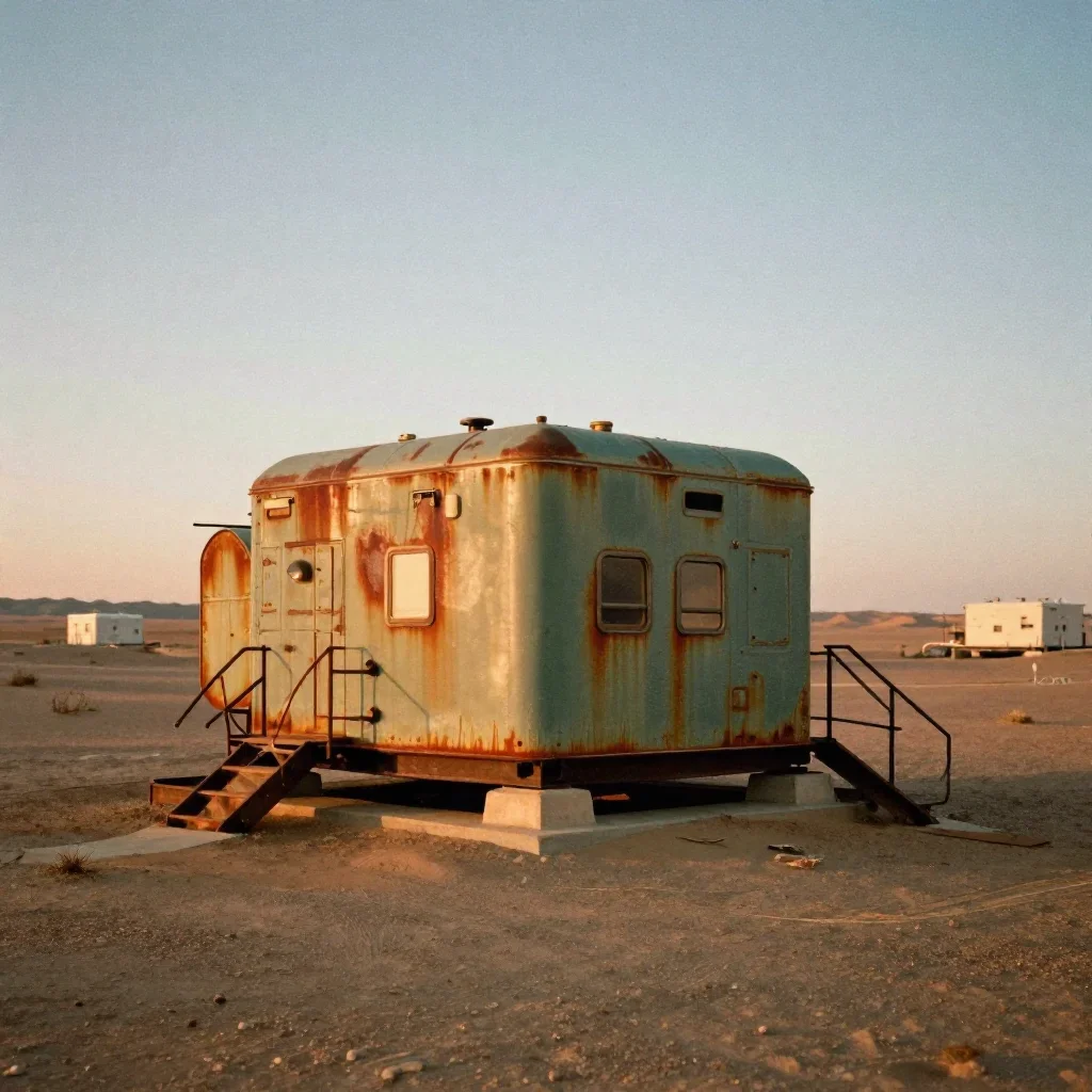 a desert research station during golden hour, soft-grain analog film photography, subtle film grain, rust and sage palet