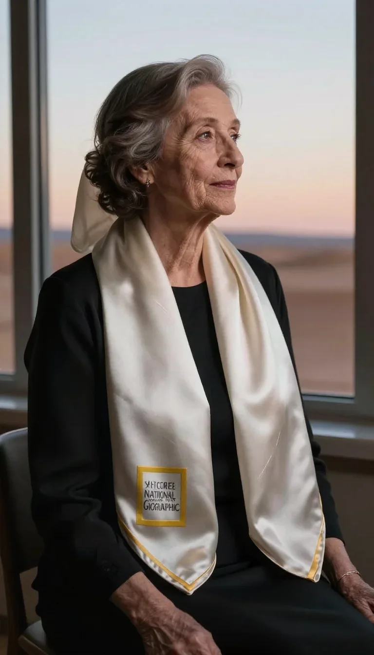 an elegant older stateswoman in a silk scarf in a seated silhouette against a window, in a silent desert at twilight, Na