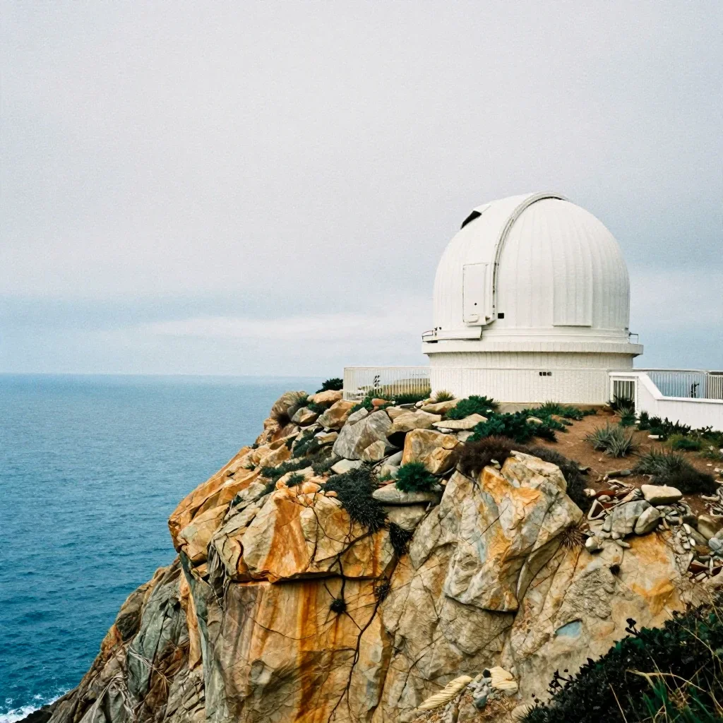 a cliffside observatory under overcast coastal light, soft-grain analog film photography, clean natural textures, cobalt