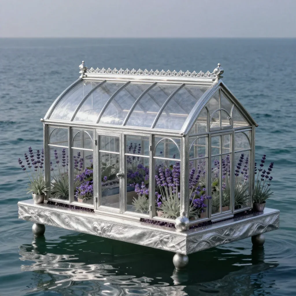 a floating botanical conservatory in a gentle sea breeze, museum-quality still-life photography, crisp material detail, 