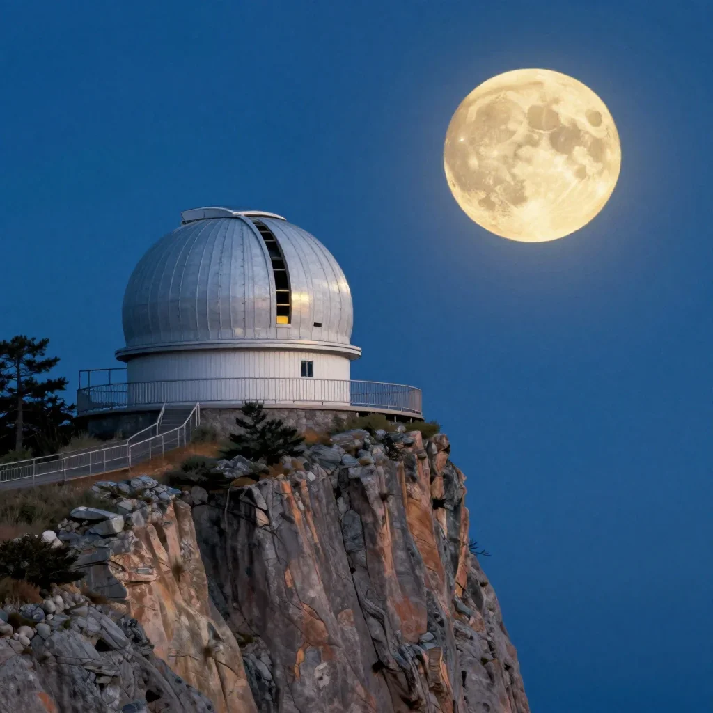 a cliffside observatory at moonrise, Japanese woodblock-inspired editorial art, clean natural textures, cobalt and amber