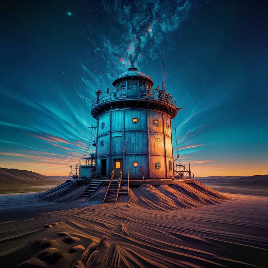a desert research station at blue hour, Japanese woodblock-inspired editorial art, restrained color harmony, ice blue an