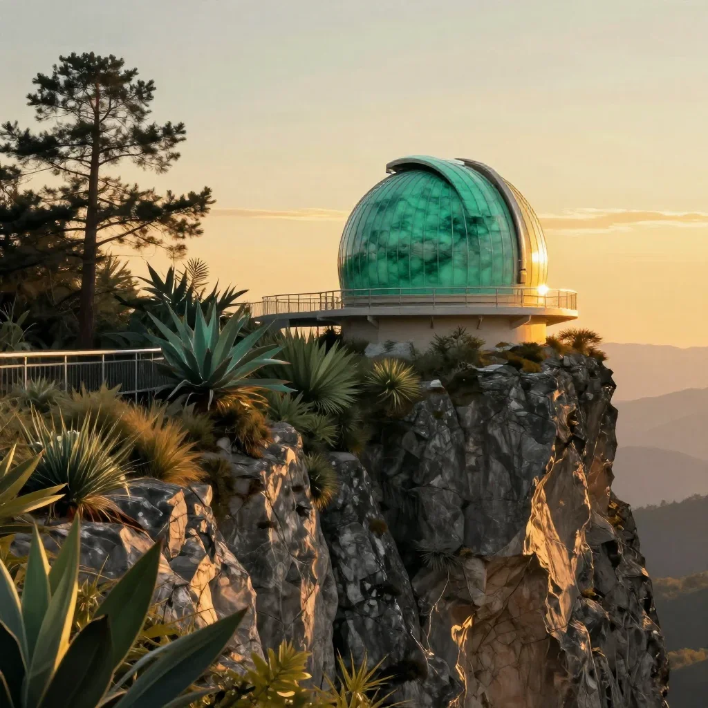 a cliffside observatory during golden hour, contemporary botanical illustration, soft volumetric light, jade and charcoa