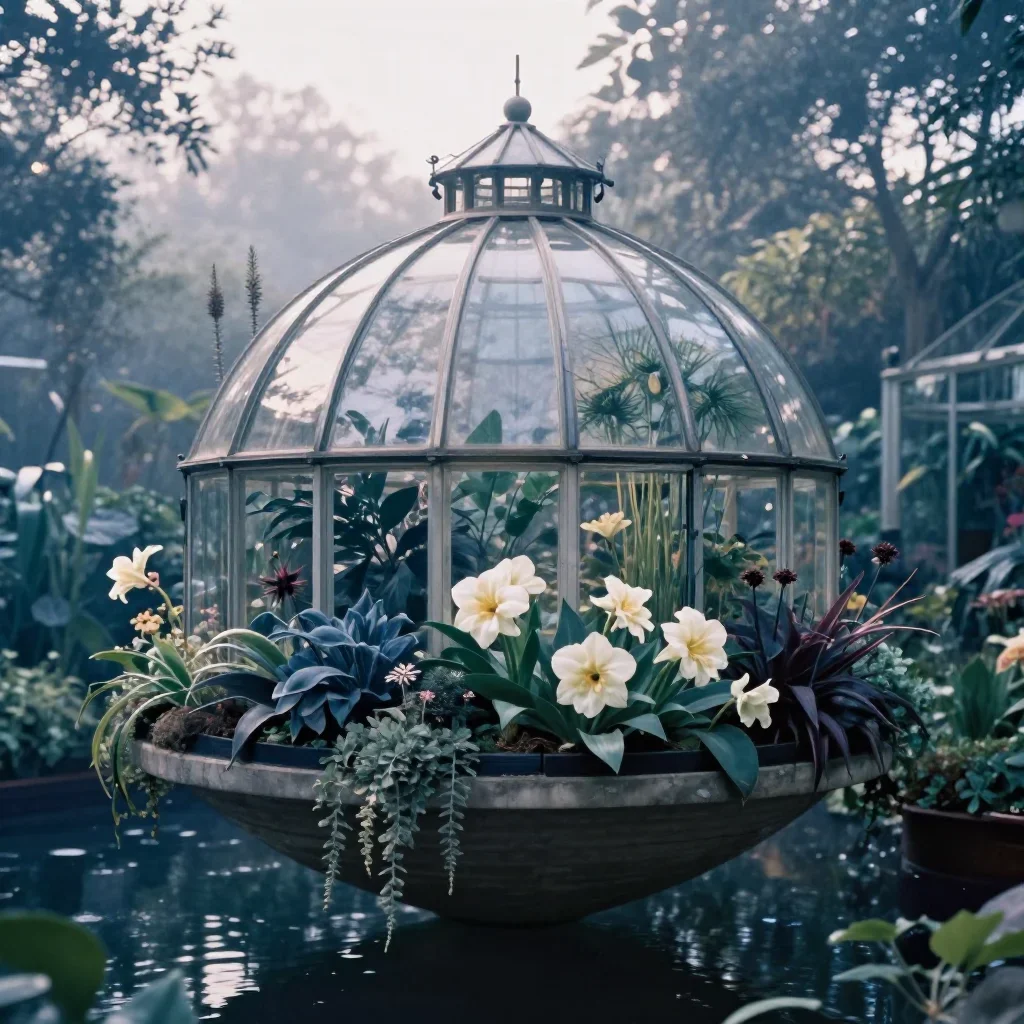 a floating botanical conservatory in quiet late-afternoon haze, soft-grain analog film photography, restrained color har