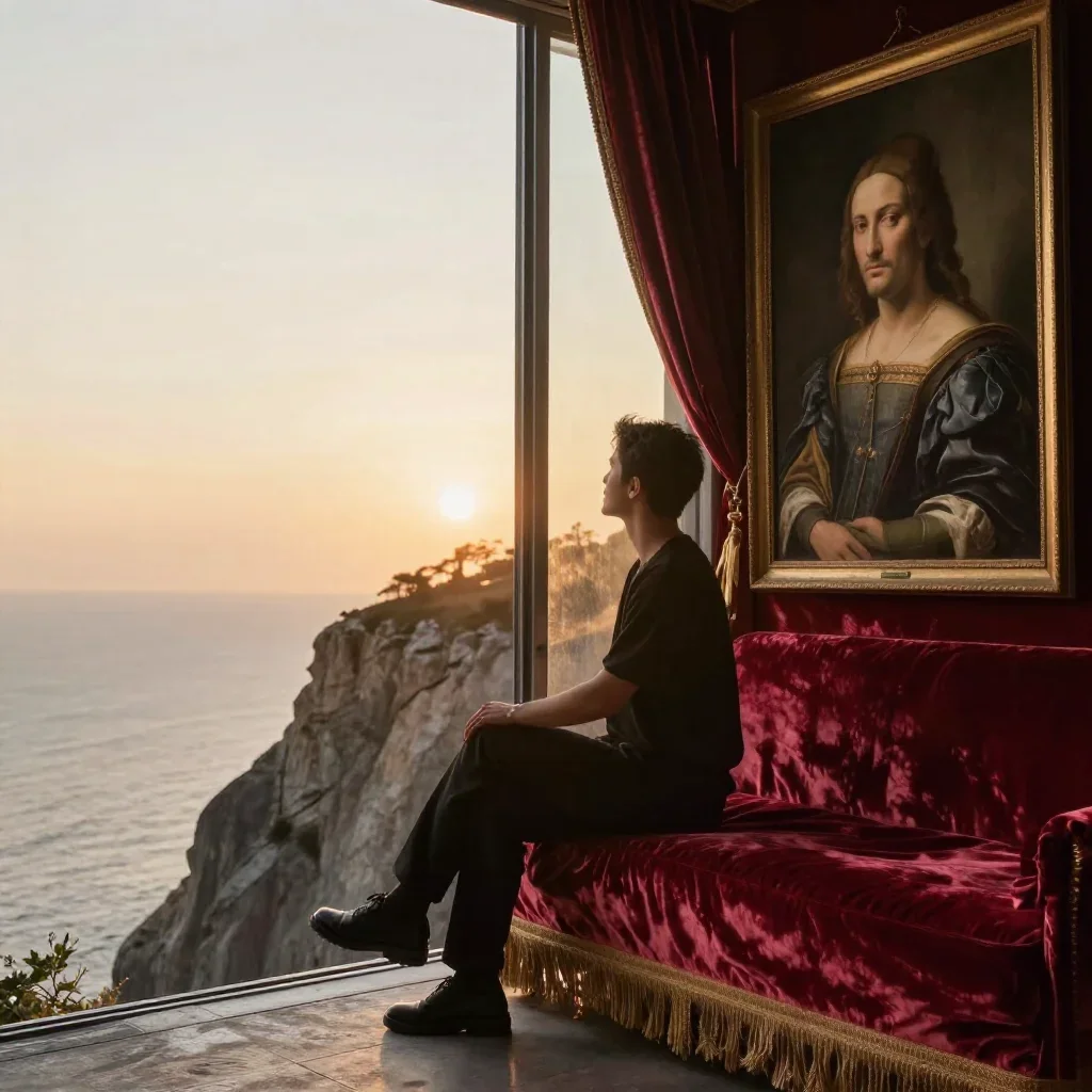 a travel influencer posing on a cliffside at golden hour in a seated silhouette against a window, in a velvet-curtained