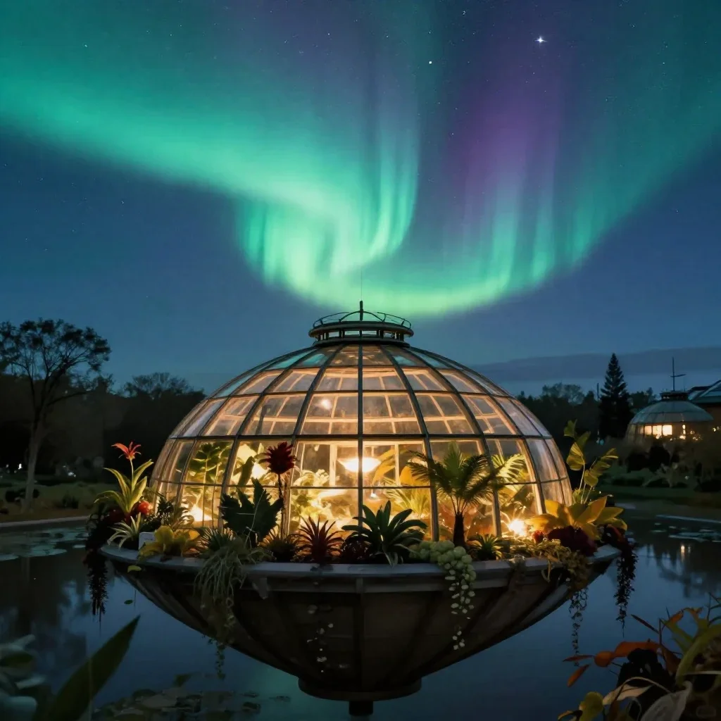 a floating botanical conservatory beneath an aurora, dreamlike fine-art landscape photography, atmospheric depth, cobalt