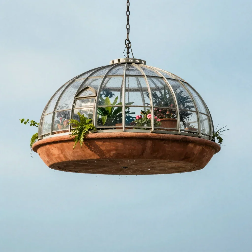 a floating botanical conservatory after warm summer rain, refined editorial travel photography, calm negative space, ter