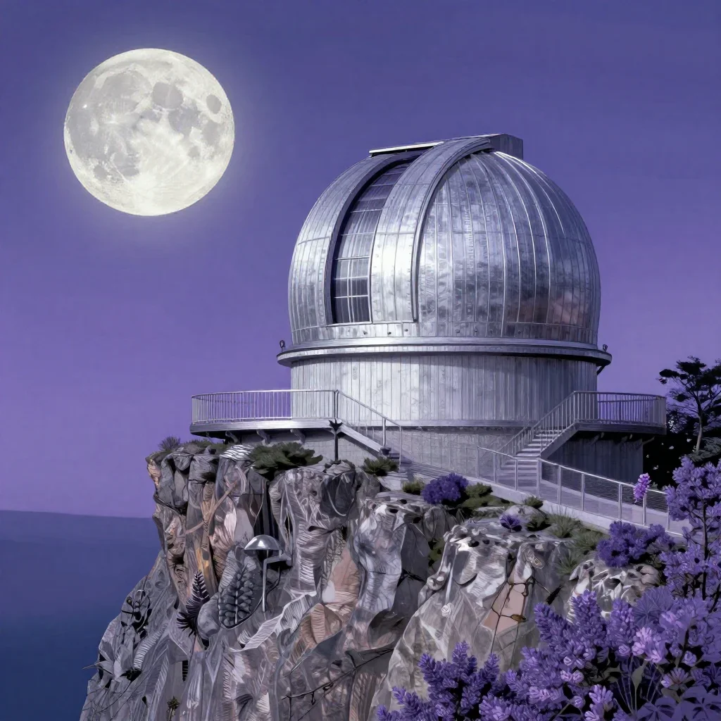 a cliffside observatory at moonrise, Japanese woodblock-inspired editorial art, clean natural textures, lavender and sil