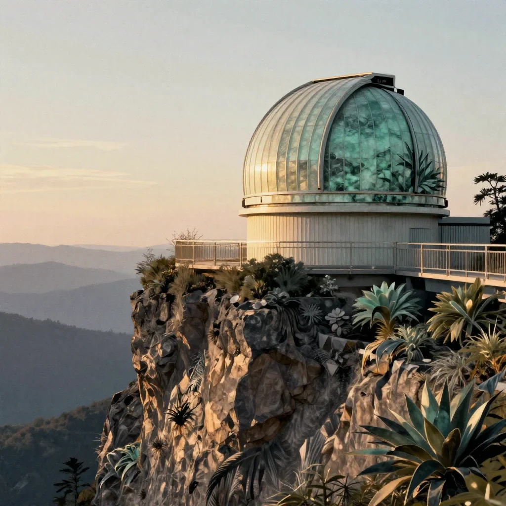 a cliffside observatory during golden hour, contemporary botanical illustration, subtle film grain, jade and charcoal pa