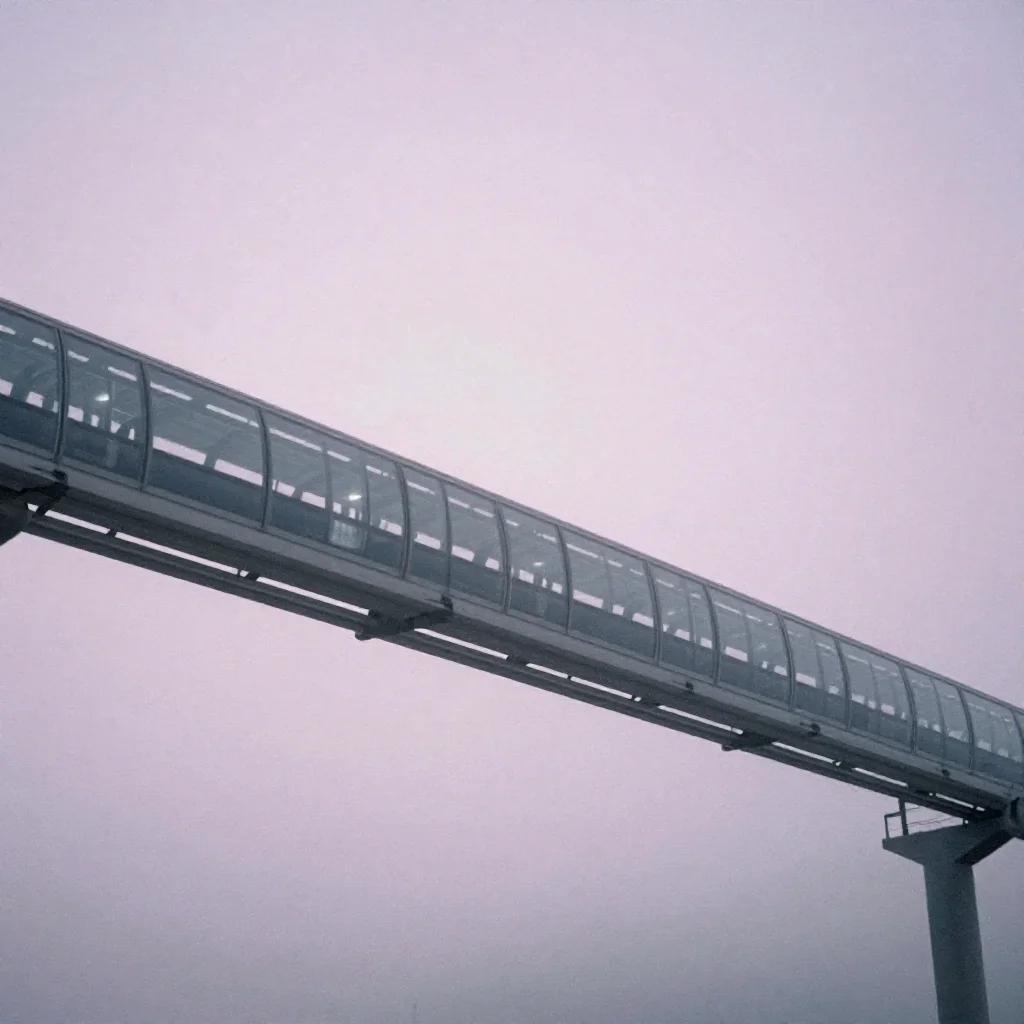 a glass monorail under soft dawn fog, soft-grain analog film photography, subtle film grain, lavender and silver palette