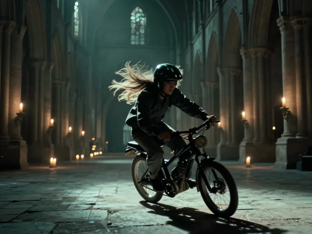 a rider removing a helmet, flushed and windblown mid-turn with fabric catching the light, in a candle-lit cathedral ruin