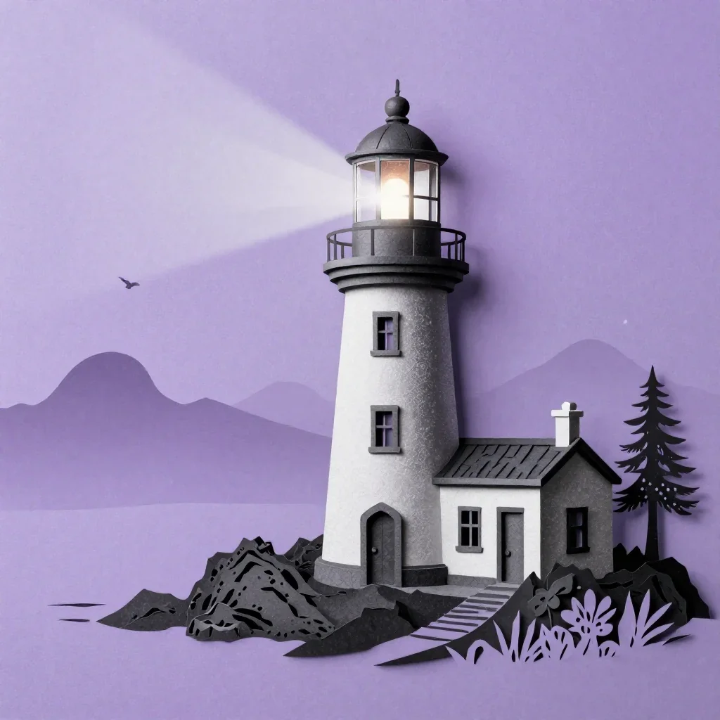 a lighthouse on black basalt in early spring mist, intricate paper-cut illustration, subtle film grain, lavender and sil