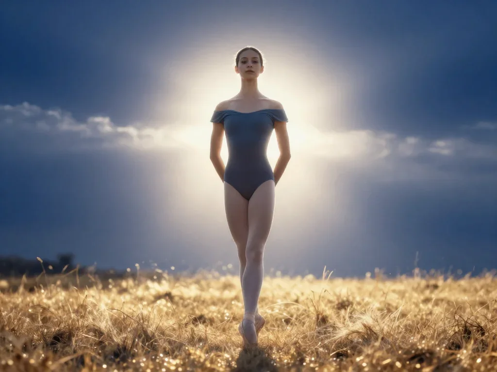 a ballet dancer in a bare-shoulder leotard, mid-extension standing tall with hands in pockets, in a backlit golden-hour 