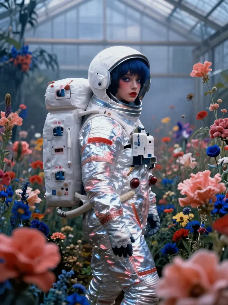an astronaut in a reflective bodysuit among wildflowers in an alluring over-the-shoulder glance, in a greenhouse humid w
