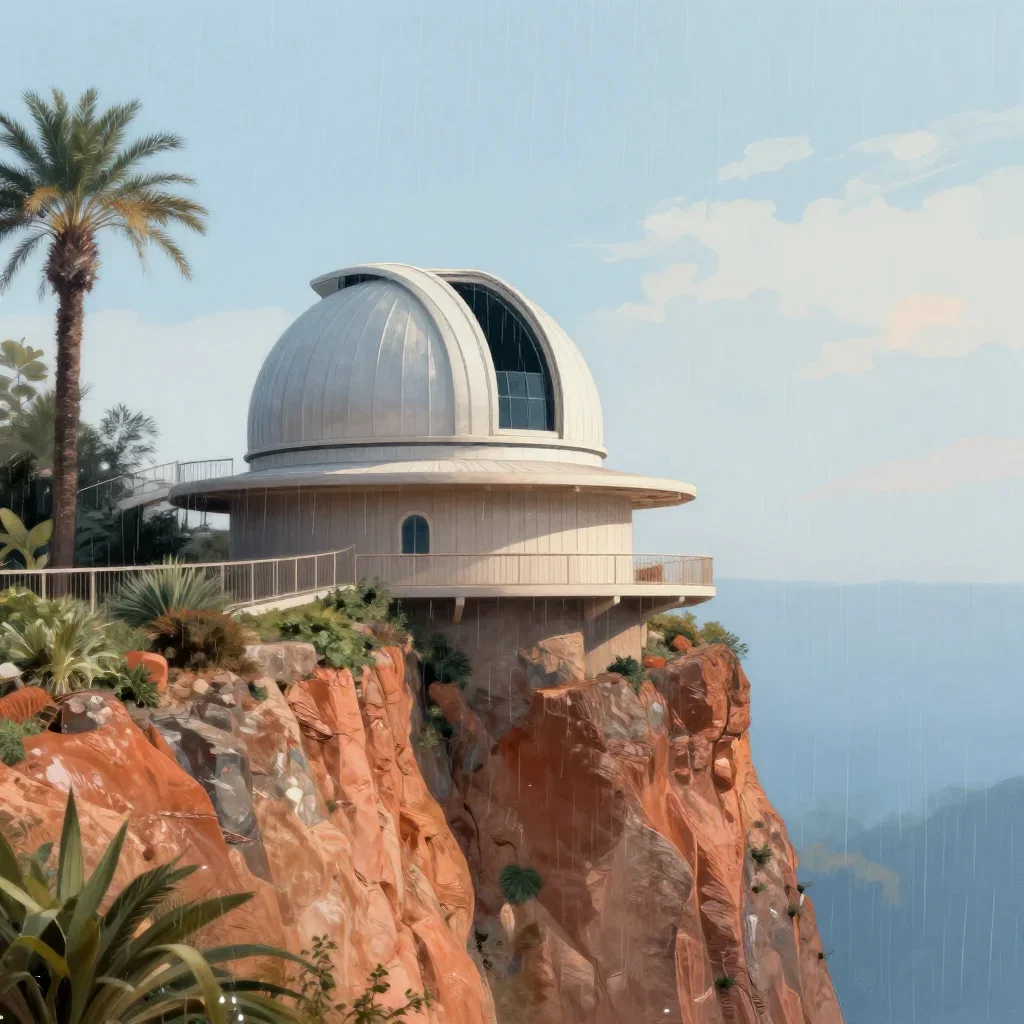 a cliffside observatory after warm summer rain, contemporary botanical illustration, soft volumetric light, terracotta a