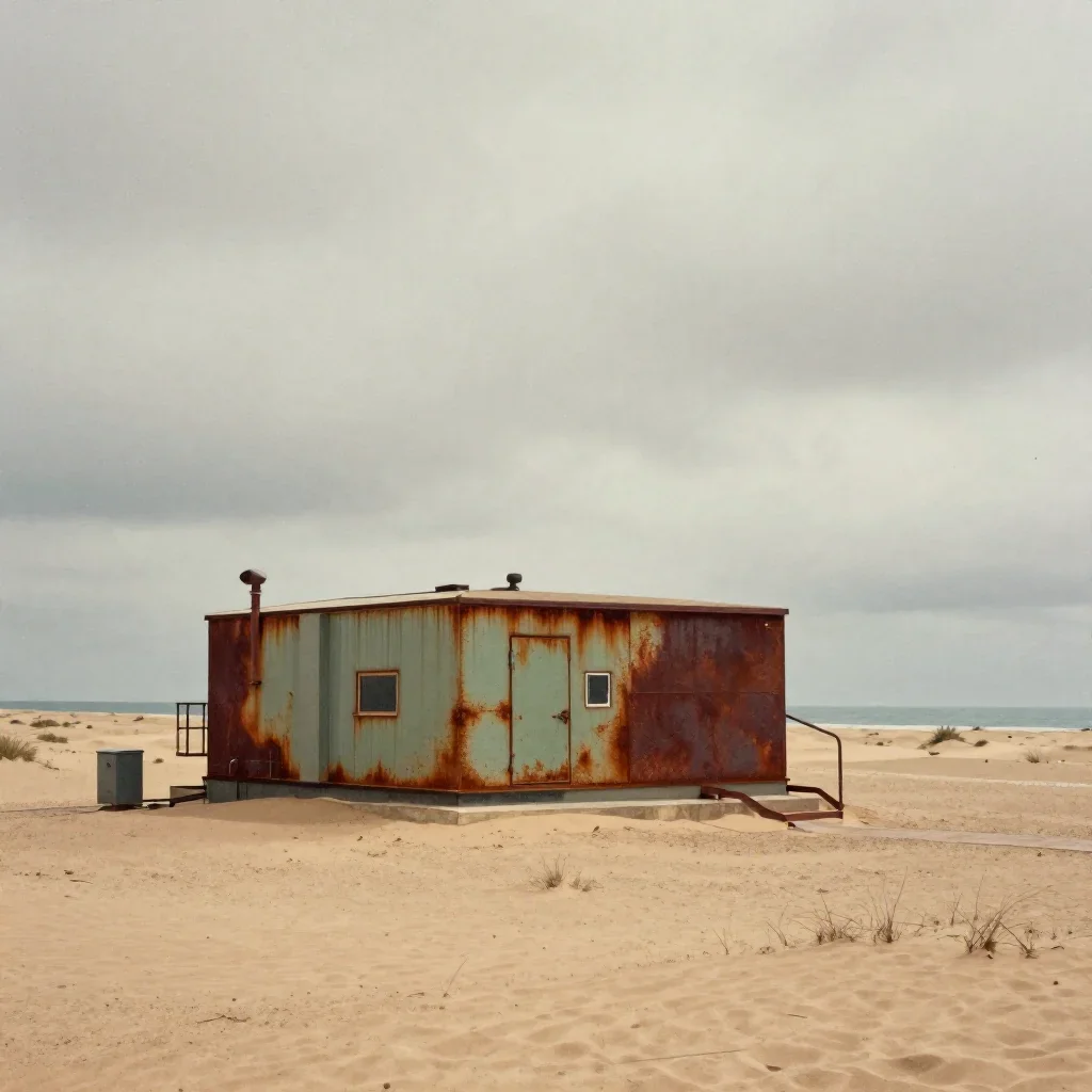 a desert research station under overcast coastal light, Japanese woodblock-inspired editorial art, subtle film grain, ru