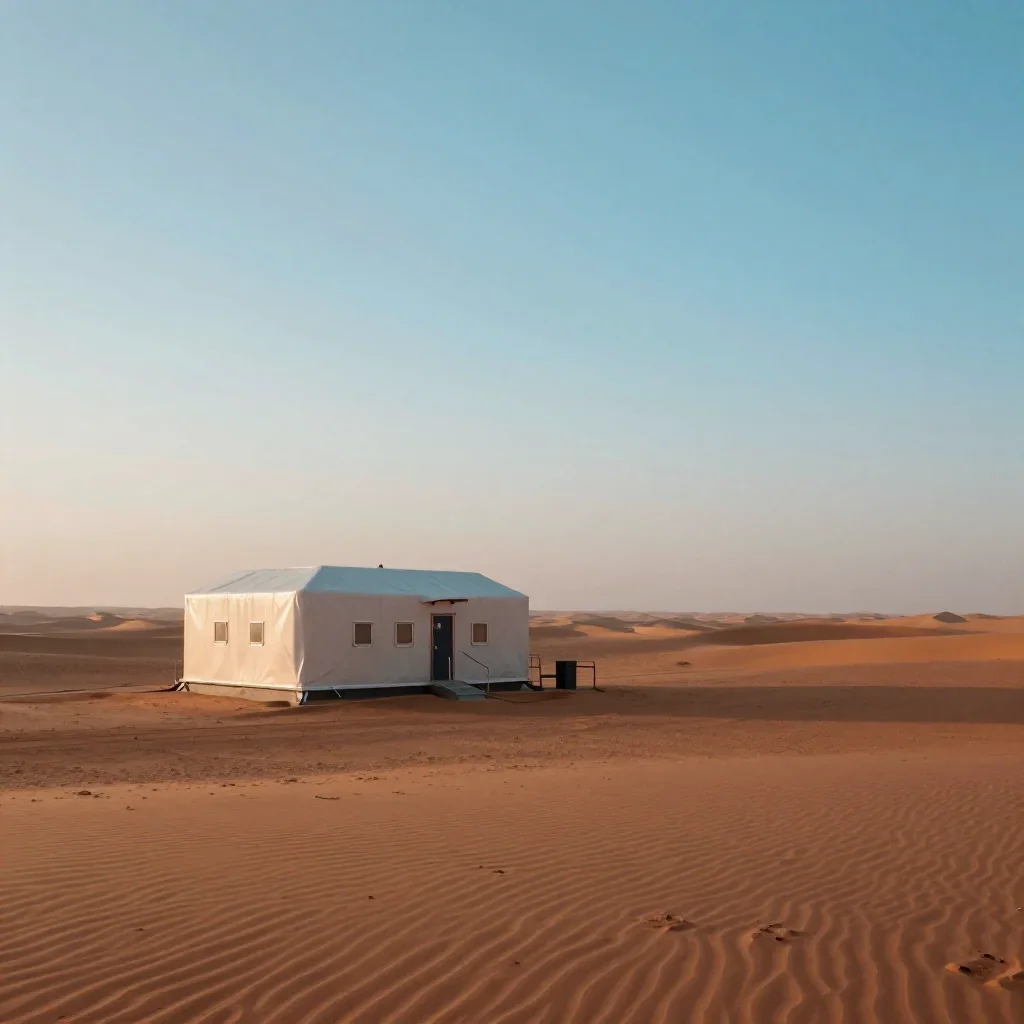 a desert research station in quiet late-afternoon haze, dreamlike fine-art landscape photography, crisp material detail,