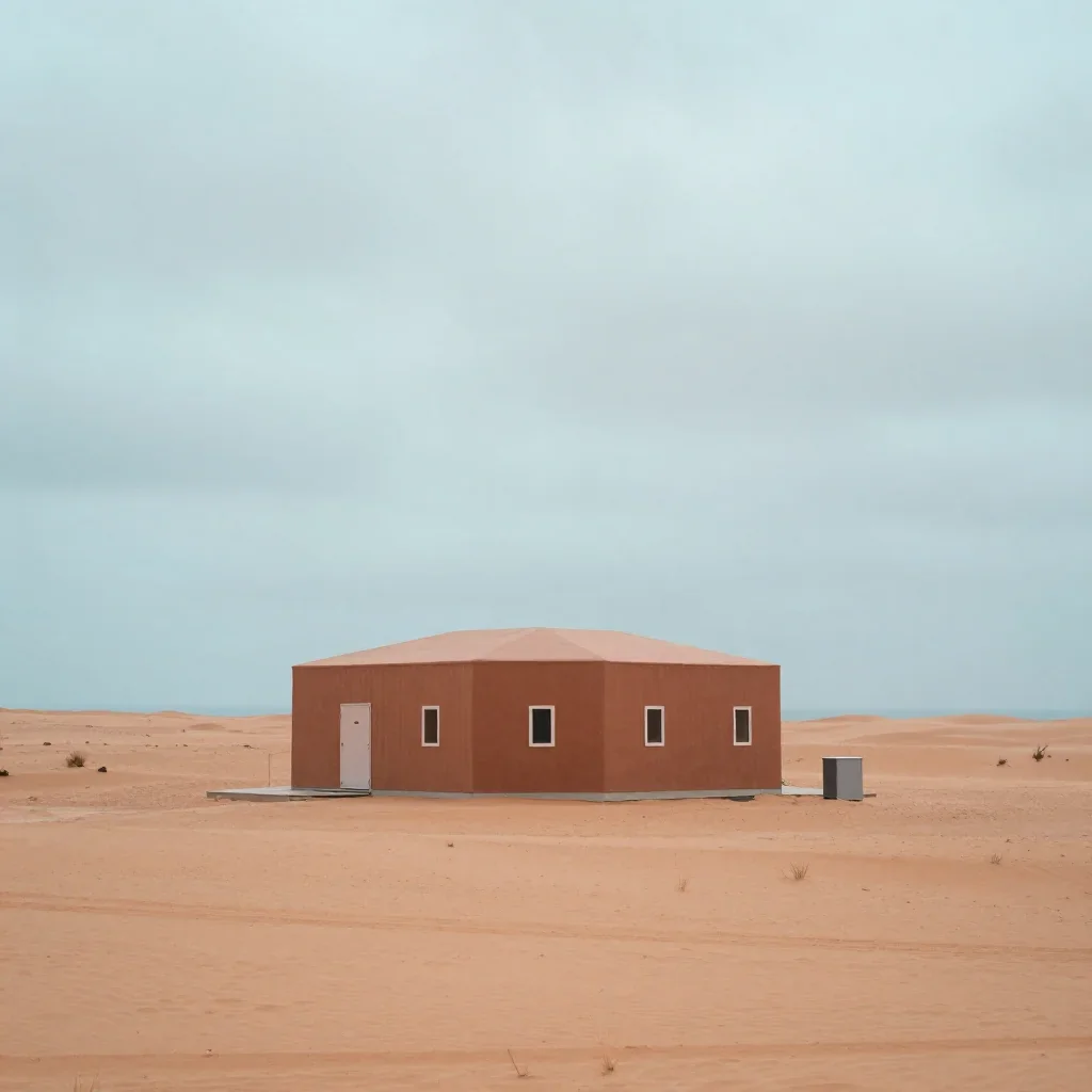 a desert research station under overcast coastal light, dreamlike fine-art landscape photography, crisp material detail, terracotta and pale sky blue palette, no people, no text, no logo, no watermark