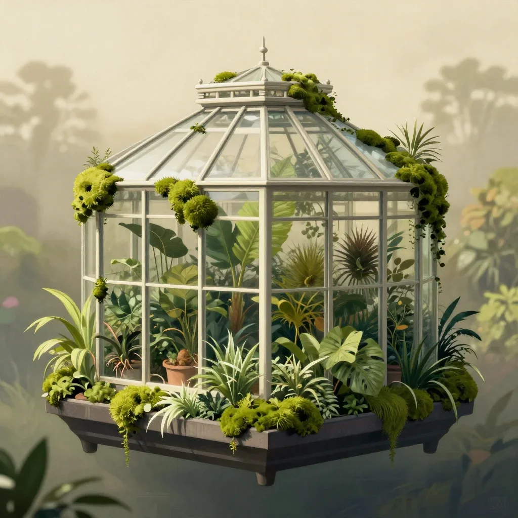 a floating botanical conservatory in quiet late-afternoon haze, contemporary botanical illustration, careful geometric c
