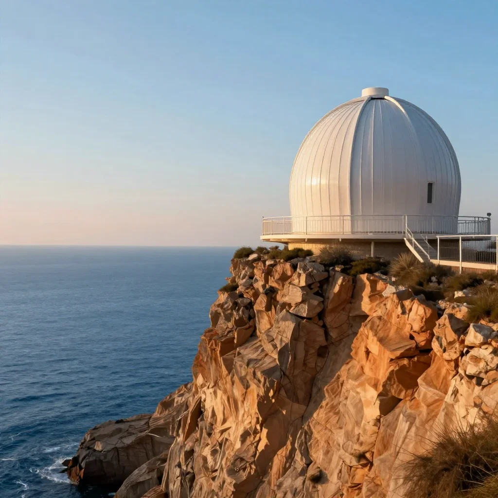a cliffside observatory in a gentle sea breeze, dreamlike fine-art landscape photography, calm negative space, ice blue 