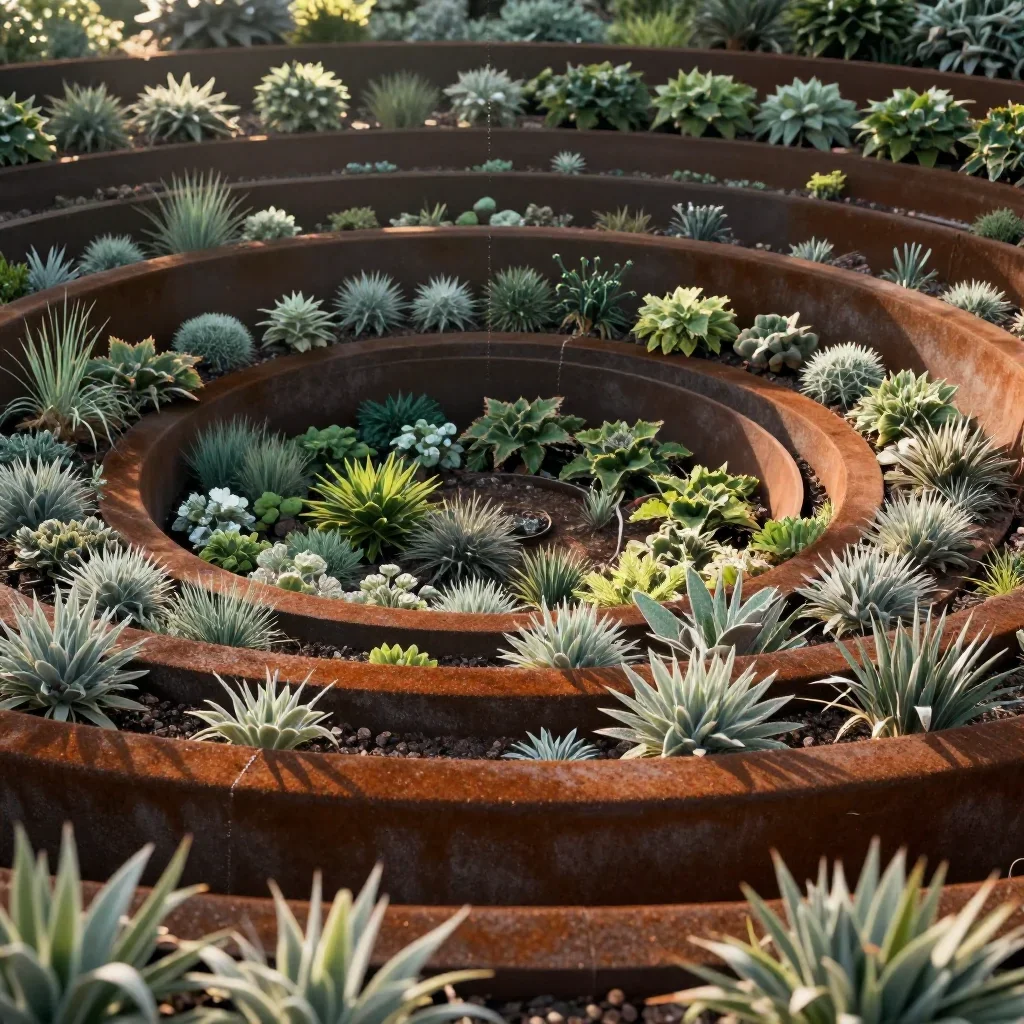 a ring habitat with terraced gardens at first light, macro natural-history photography, shallow depth of field, rust and