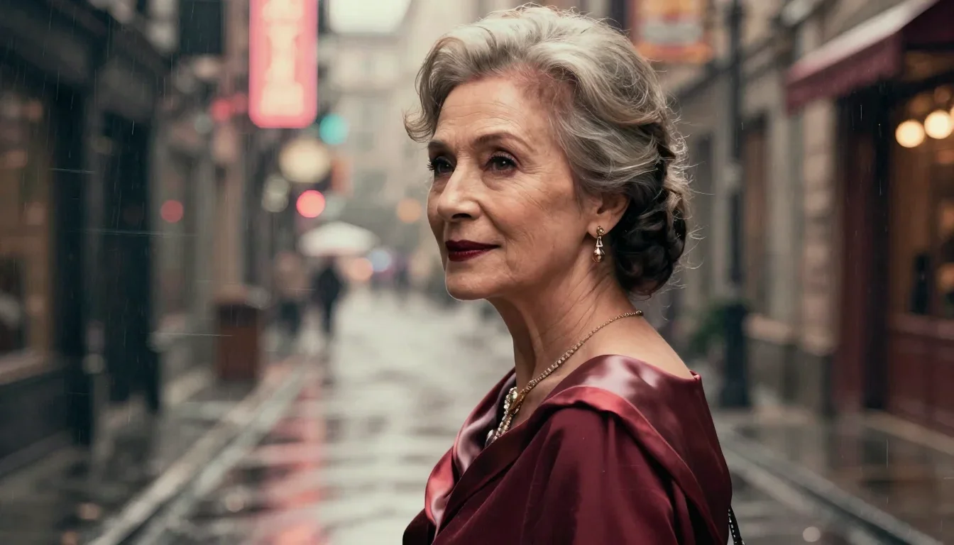an elegant older stateswoman in a silk scarf in an alluring over-the-shoulder glance, in a rain-slick neon alley, dreaml