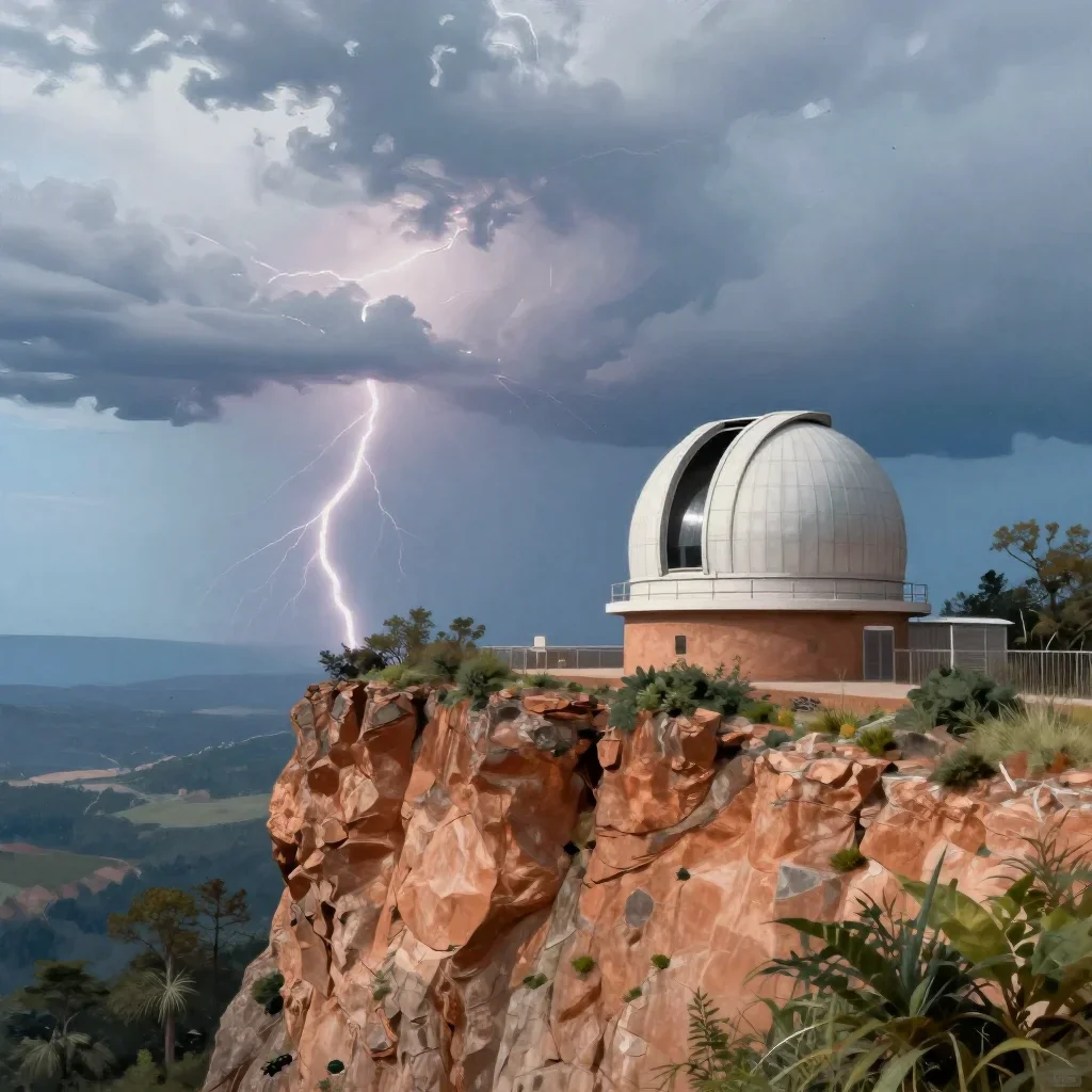 a cliffside observatory after a distant thunderstorm, contemporary botanical illustration, atmospheric depth, terracotta