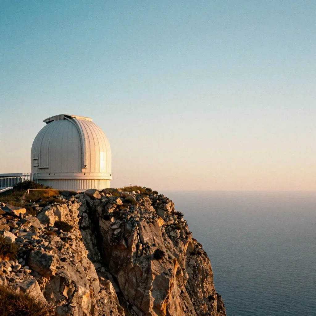 a cliffside observatory during golden hour, soft-grain analog film photography, calm negative space, cobalt and amber palette, no people, no text, no logo, no watermark
