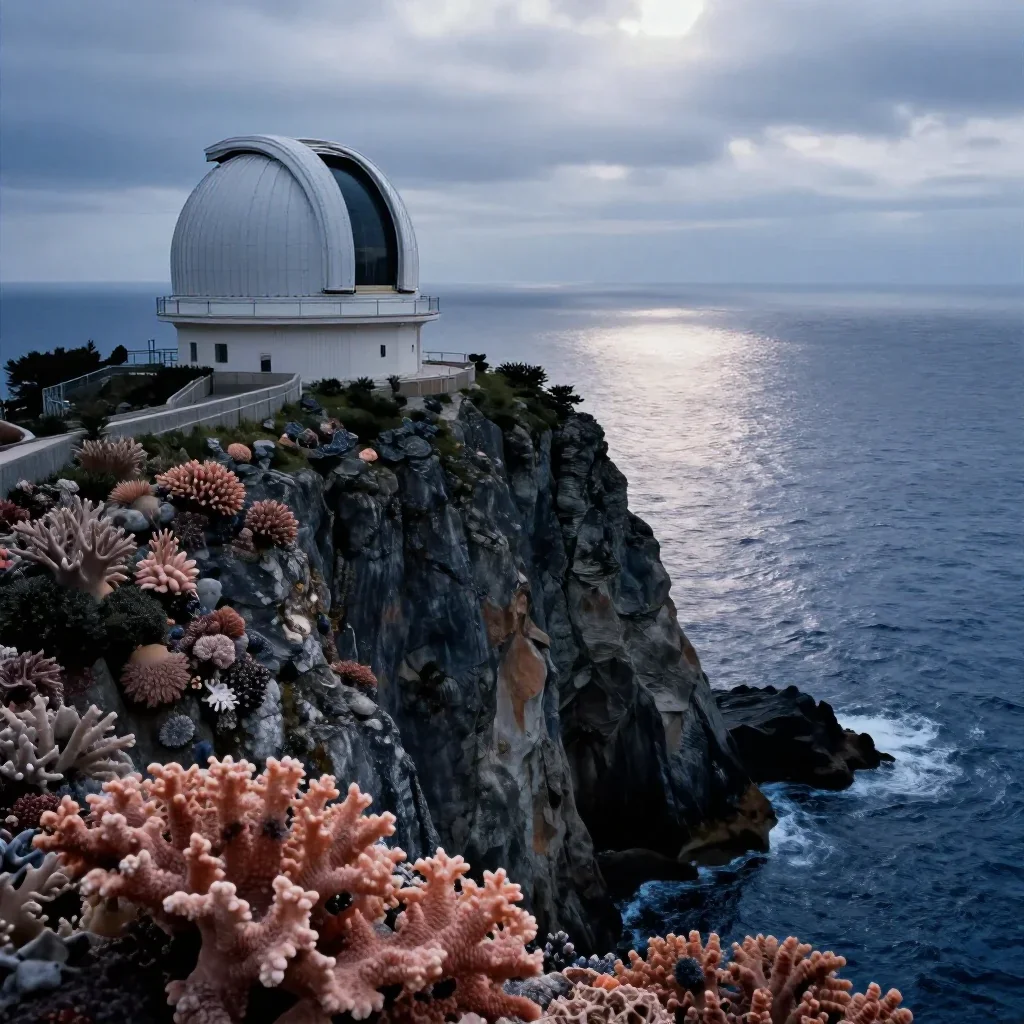 a cliffside observatory under overcast coastal light, dreamlike fine-art landscape photography, gentle reflected light, 
