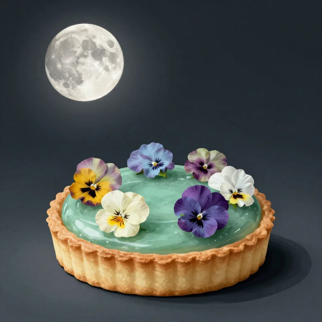 a citrus tart with edible flowers at moonrise, contemporary botanical illustration, restrained color harmony, jade and c