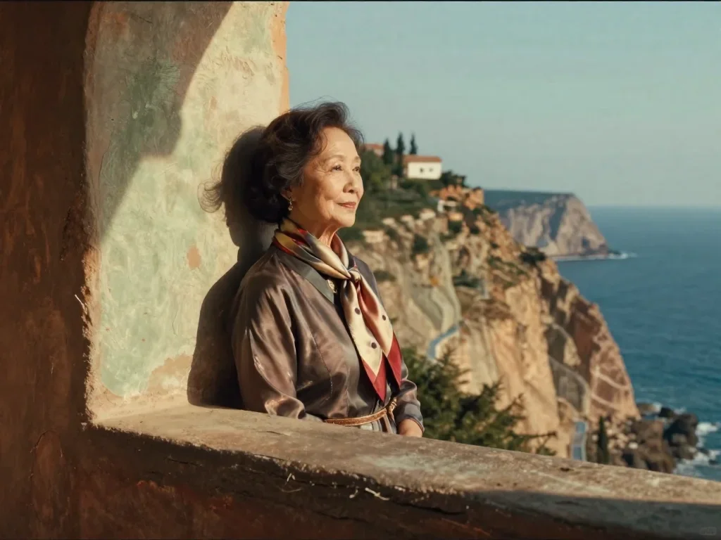 an elegant older stateswoman in a silk scarf in a wind-swept lean against a wall, on a sun-drenched cliffside, Wong Kar-