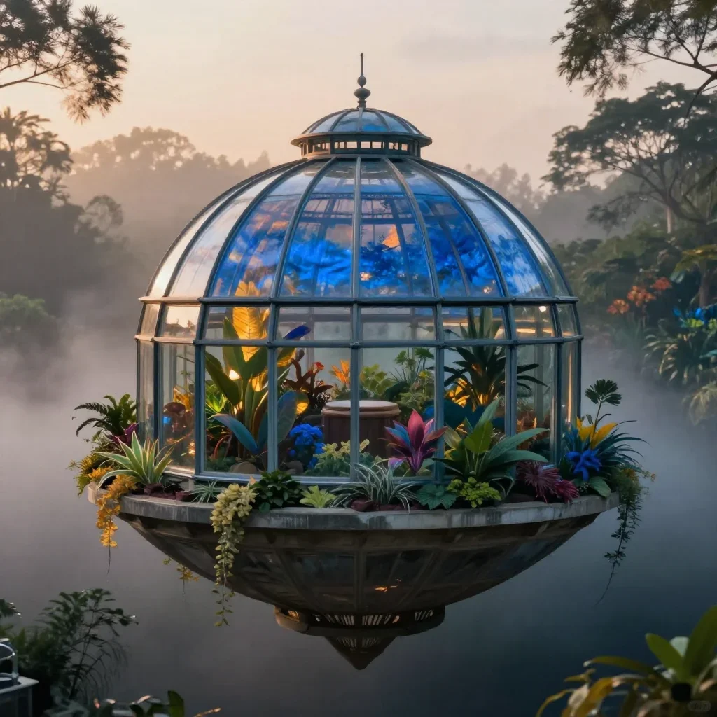 a floating botanical conservatory in quiet late-afternoon haze, high-end design magazine photography, atmospheric depth,