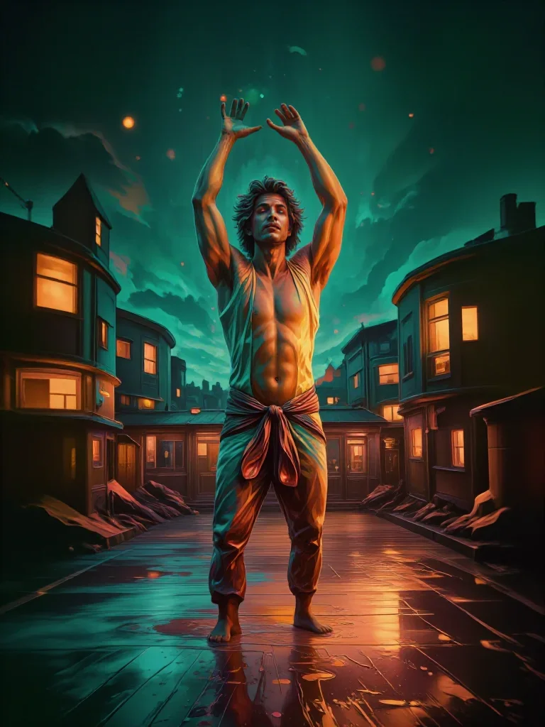 a fitness creator stretching in a sunlit loft in a deep breath with eyes closed, on a neon-lit rooftop at midnight, Wong