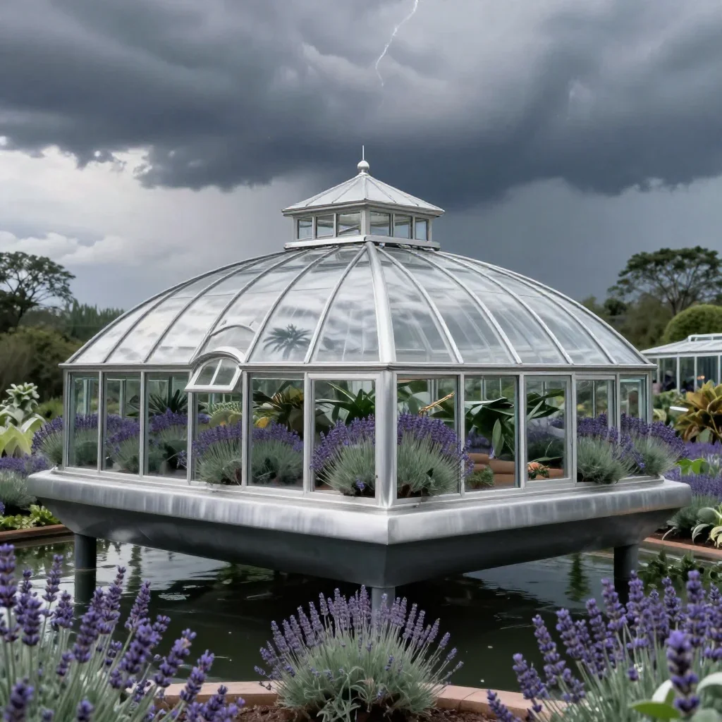 a floating botanical conservatory after a distant thunderstorm, refined editorial travel photography, atmospheric depth,