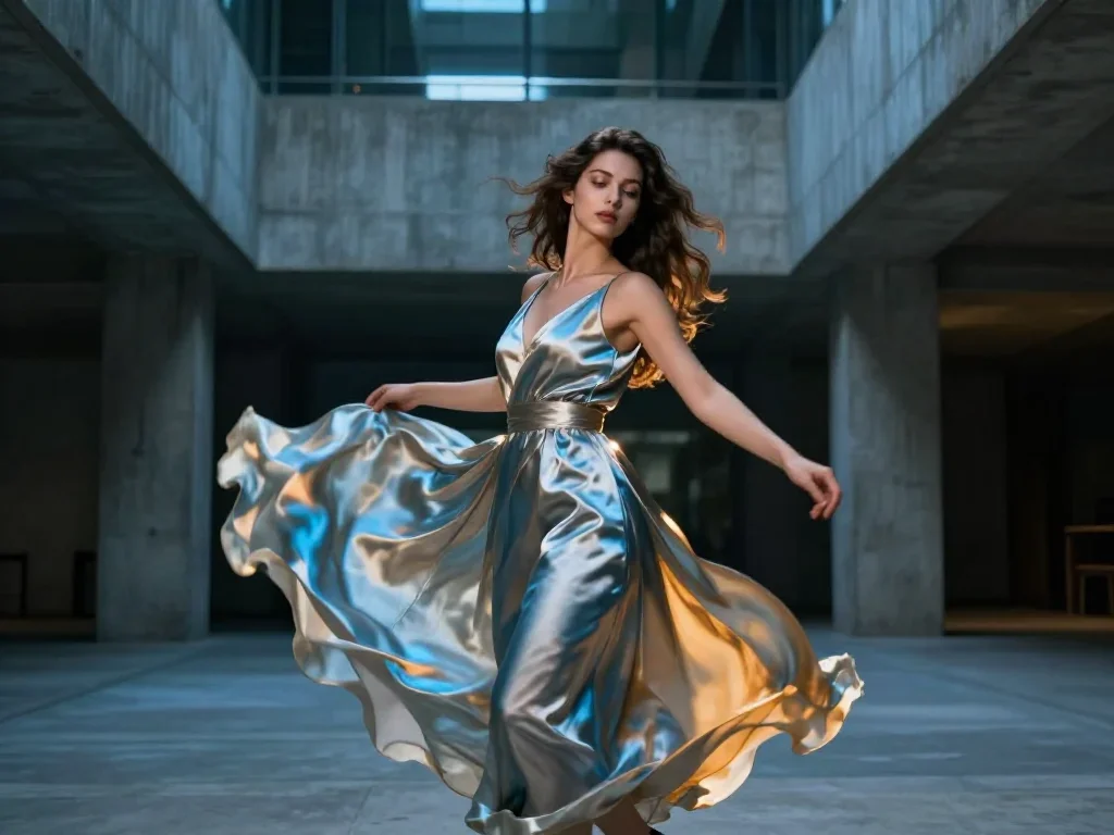 a young woman in a flowing silk gown mid-turn with fabric catching the light, in a brutalist concrete atrium, bold Helmu