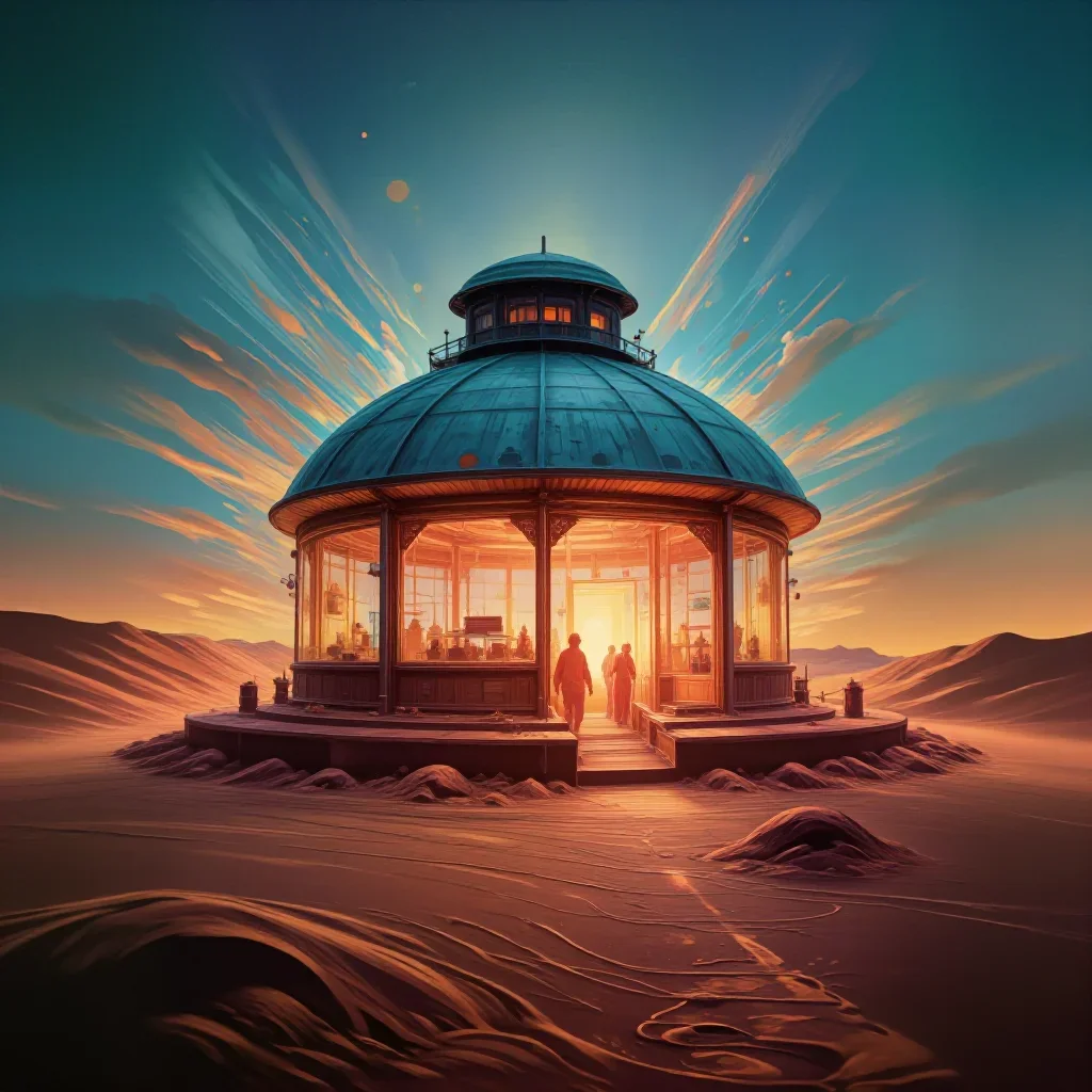 a desert research station at blue hour, modernist poster illustration, careful geometric composition, terracotta and pal