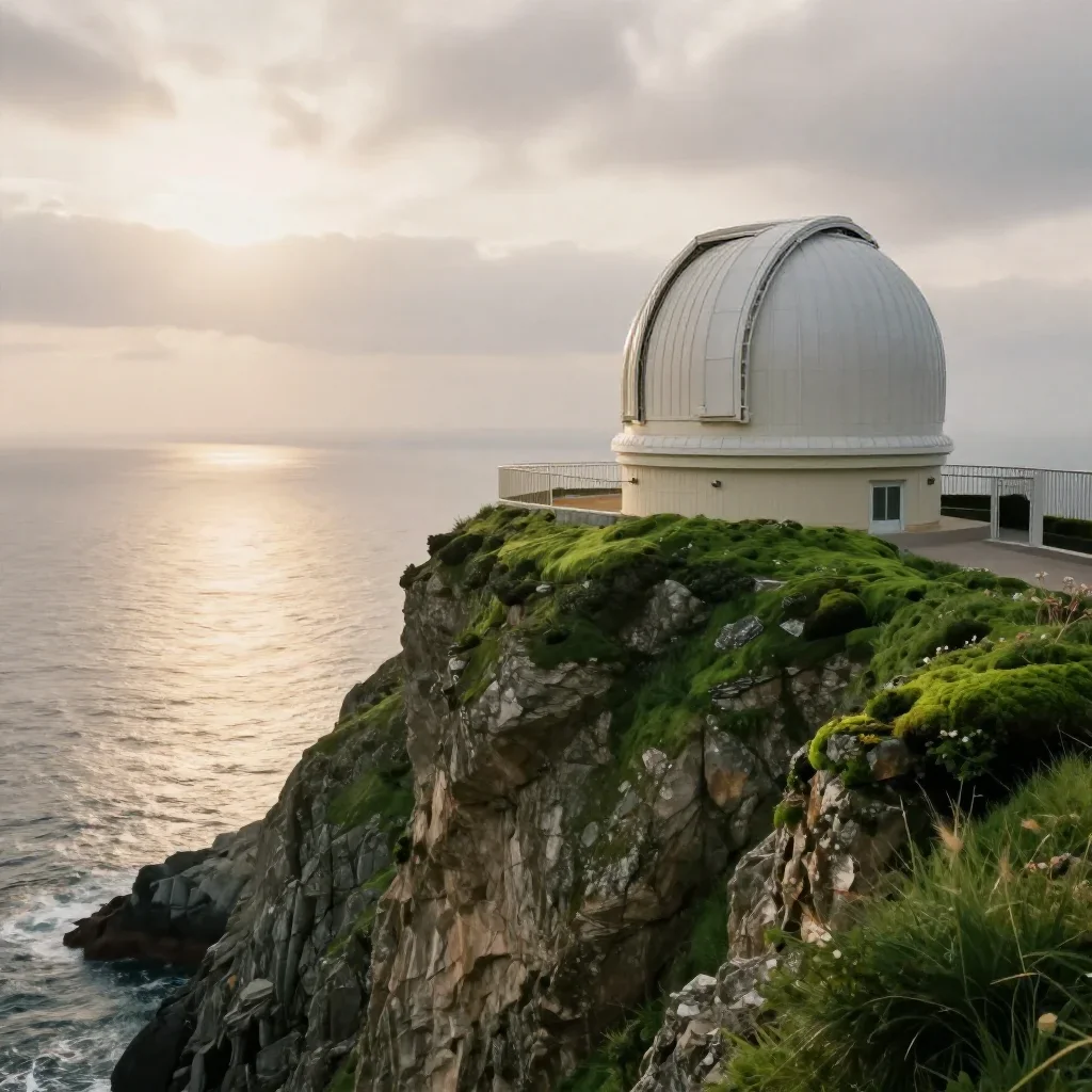a cliffside observatory under overcast coastal light, dreamlike fine-art landscape photography, gentle reflected light, 