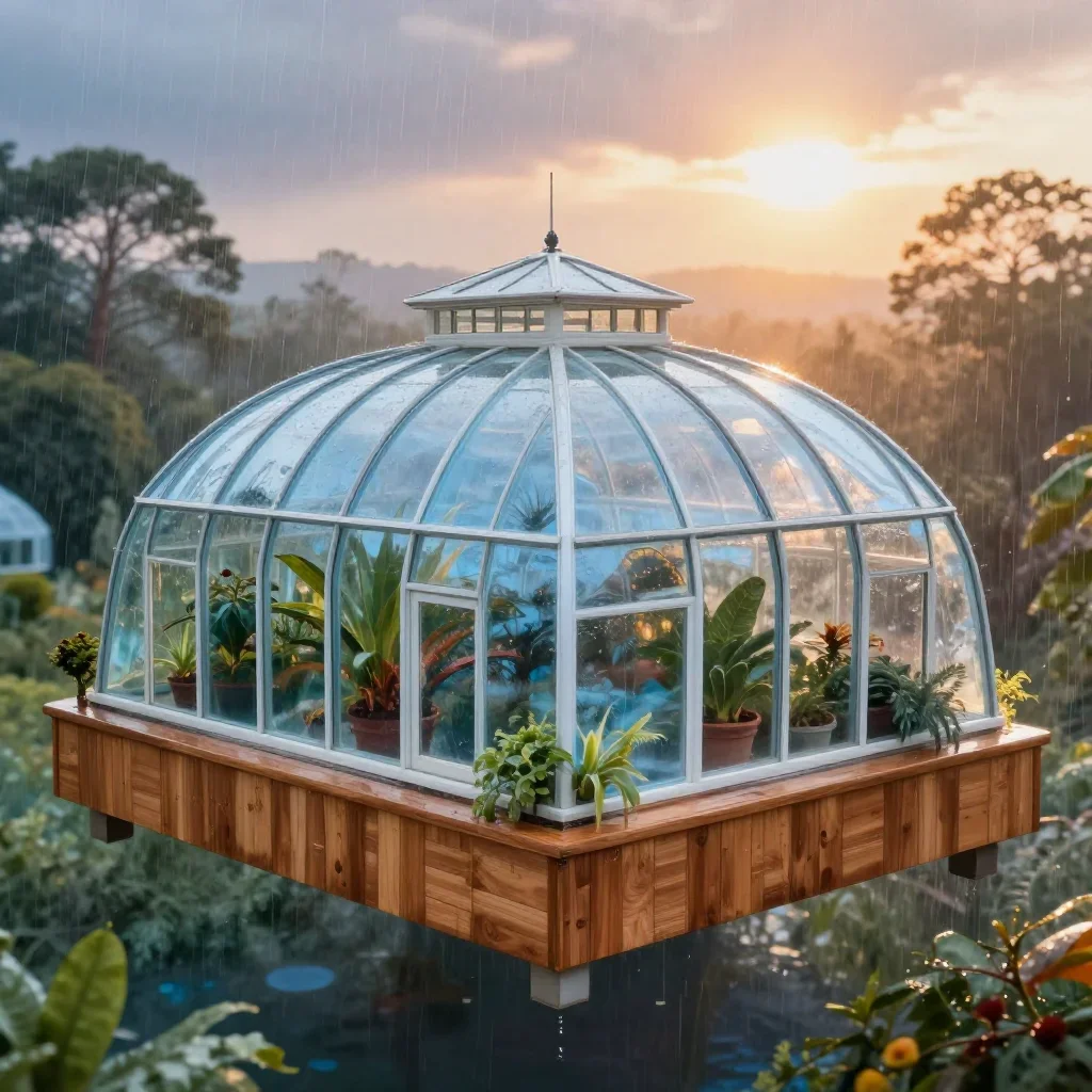 a floating botanical conservatory after warm summer rain, dreamlike fine-art landscape photography, clean natural textur