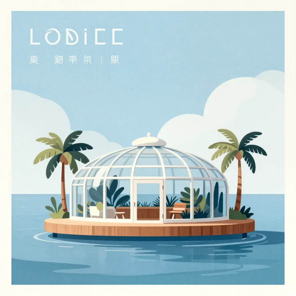 a floating botanical conservatory in a gentle sea breeze, modernist poster illustration, calm negative space, ice blue a